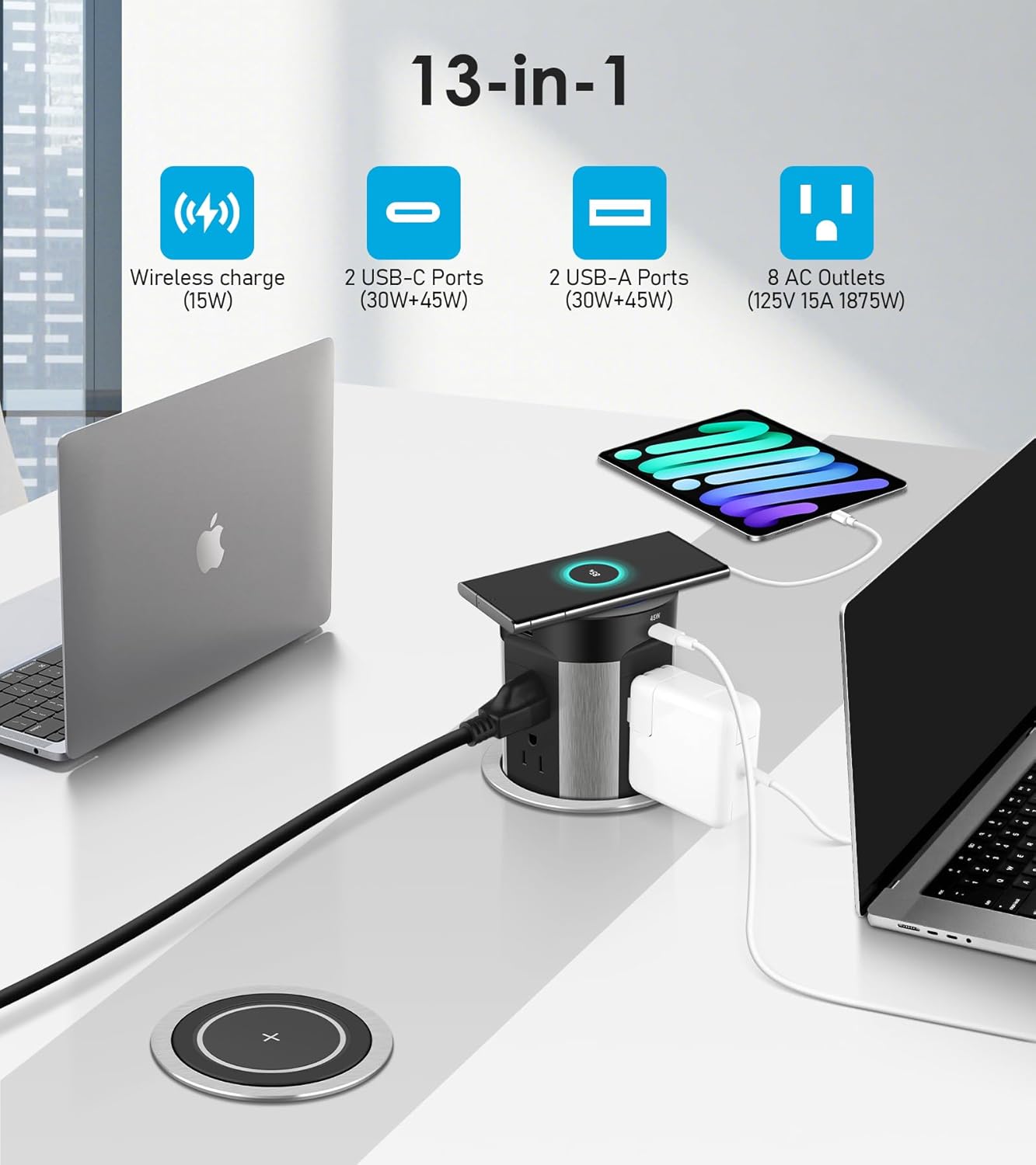 Pop Up Outlet for Countertop, 15W Wireless Charger PD 45W, 2 USB-A & 2 USB-C & 8AC Outlets 15A Tamper Resistant, 4-inch Island Kitchen Pop Out