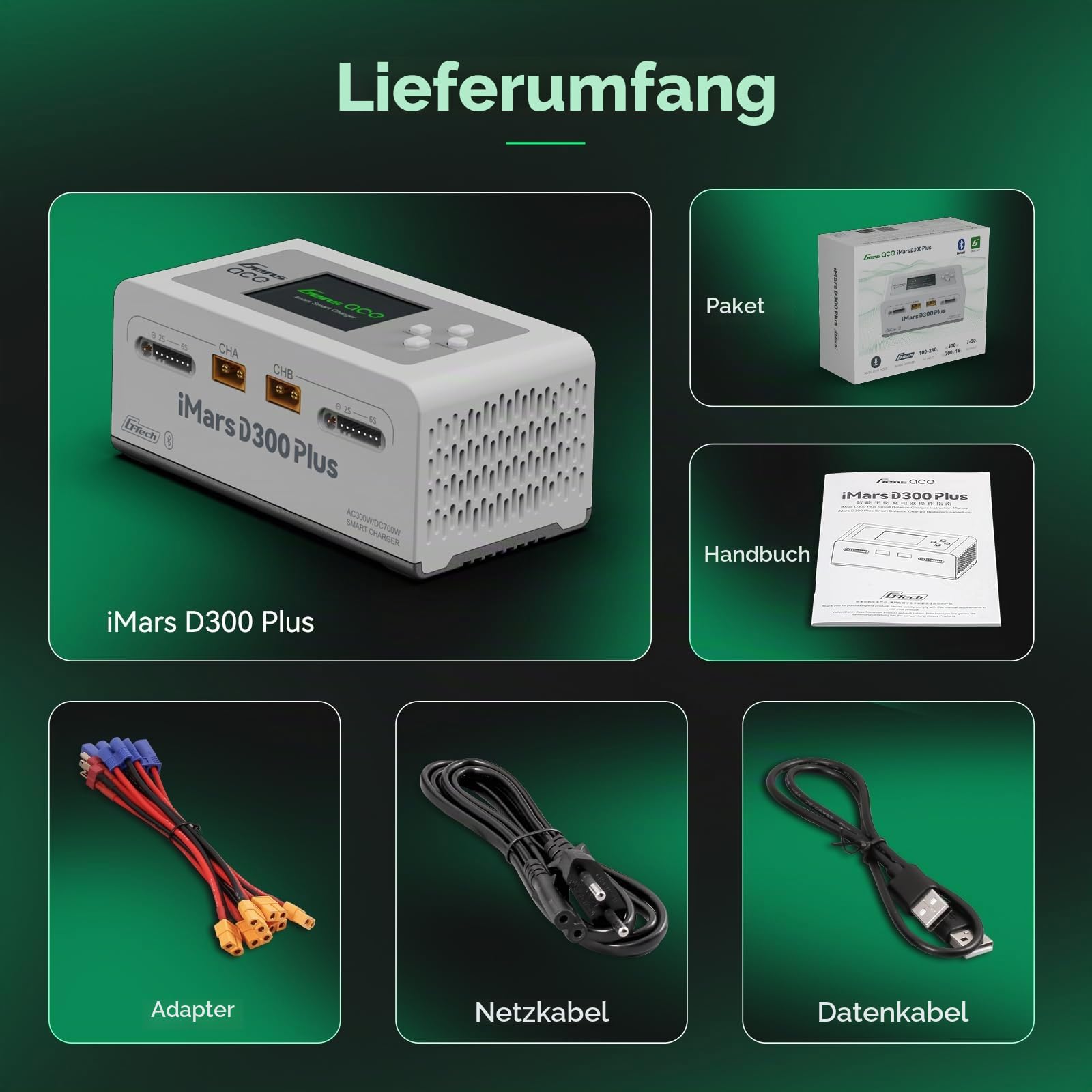 Gens ace iMars D300 Plus Smart Ladegerät, Dual-Channel RC Akku Lader mit G-Tech, Bluetooth App, AC 300W / DC 350W×2, Weiß