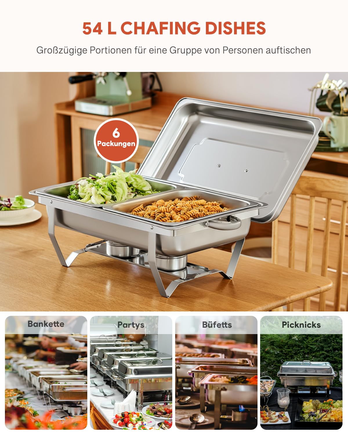 Wilprep Chafing Dish Edelstahl 9L 1/2+1/2 GN-Behälter Buffet-Set Warmhaltebehälter 6 Sets Speisenwärmer Wärmebehälter Rechaud für Catering, Buffet und Party