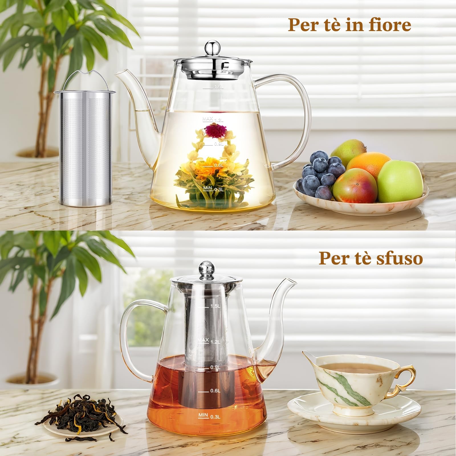 Teiera in vetro da 1500 ml, grande teiera con infusore per tè sfuso e tè in fiore, bollitore per il tè sicuro sul piano cottura, macchina da tè realizzata a mano in vetro borosilicato con linea