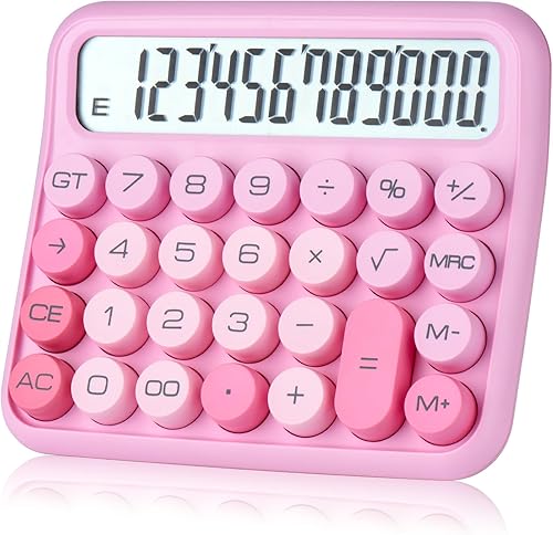 Interruptor mecánico calculadora rosa de 12 dígitos - Pantalla LCD grande, botones grandes, escritorio, lindo, para uso diario