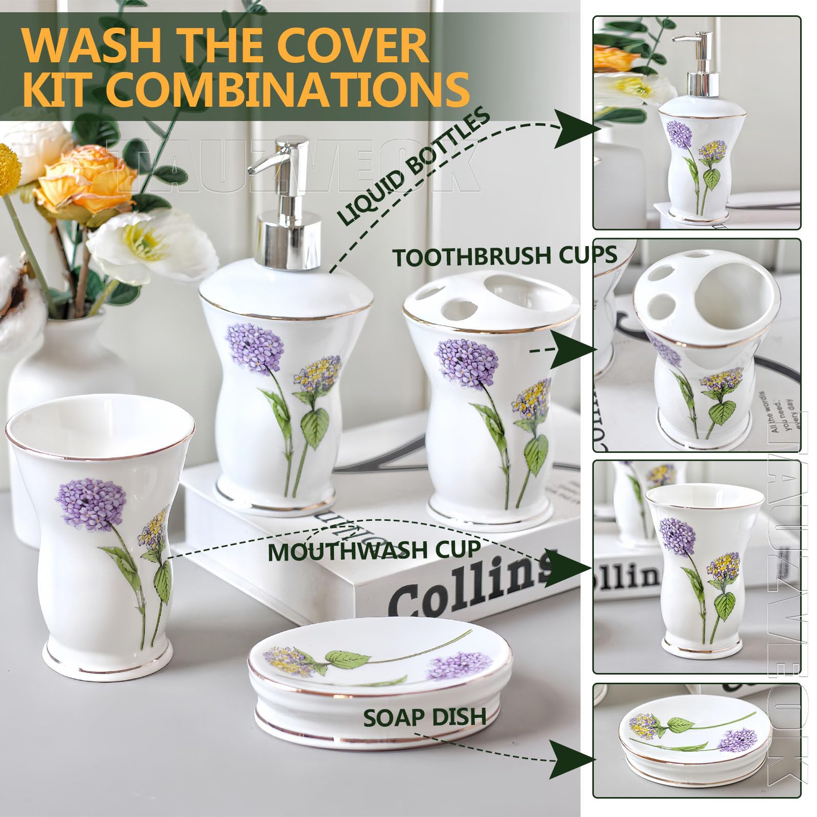 Set di accessori per il bagno in ceramica con fiore di rosa, 4 pezzi, inclusi 1 portaspazzolino, 1 tazza per spazzolini da denti per gargarismi, 1 portasapone, 1 dispenser per lozione