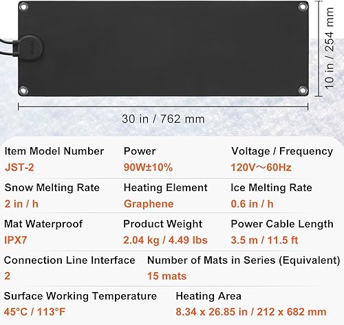 Miniatura 7 de VEVOR Alfombrilla para derretir nieve de 10 x 30 pulgadas, antideslizante, almohadilla de hielo de goma eléctrica con cable de alimentación y