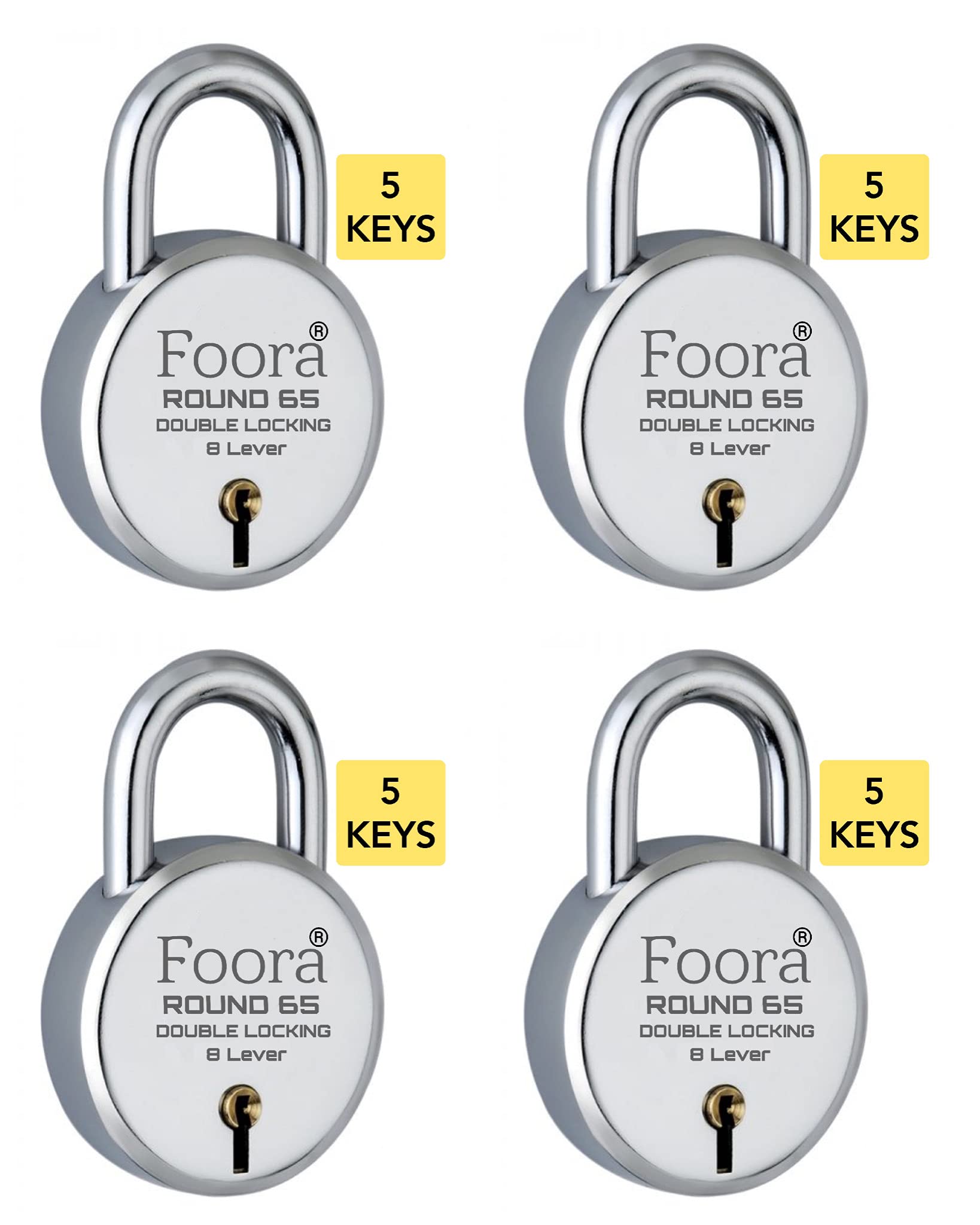Foora Lock and Key Round 65 with 5 Keys, Steel Round 65mm Padlock Pack of 4-image-29