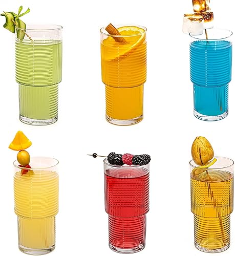 Miniatura 7 de Vasos acanalados, taza de vidrio Highball, 6 vasos apilables, vasos de cóctel, cristalería vintage para cóctel, jugo, té helado, agua, café helado,
