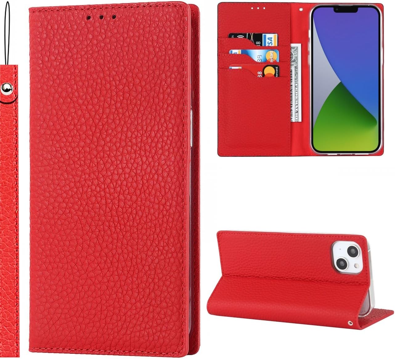 CAVOR Mobile Phone Case Compatible with iPhone 15 Case Flip Genuine Leather Wallet Mobile Phone Case 3 Card Slots Magnetic RFID Blocker with Strap Flip Case Compatible with iPhone 15 - Red