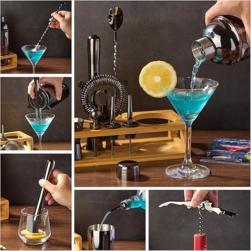 Miniatura 4 de Juego de coctelera de camarero juego de herramientas de barra de 12 piezas con soporte de bambú  Juego de bar con todos los accesorios prácticos de