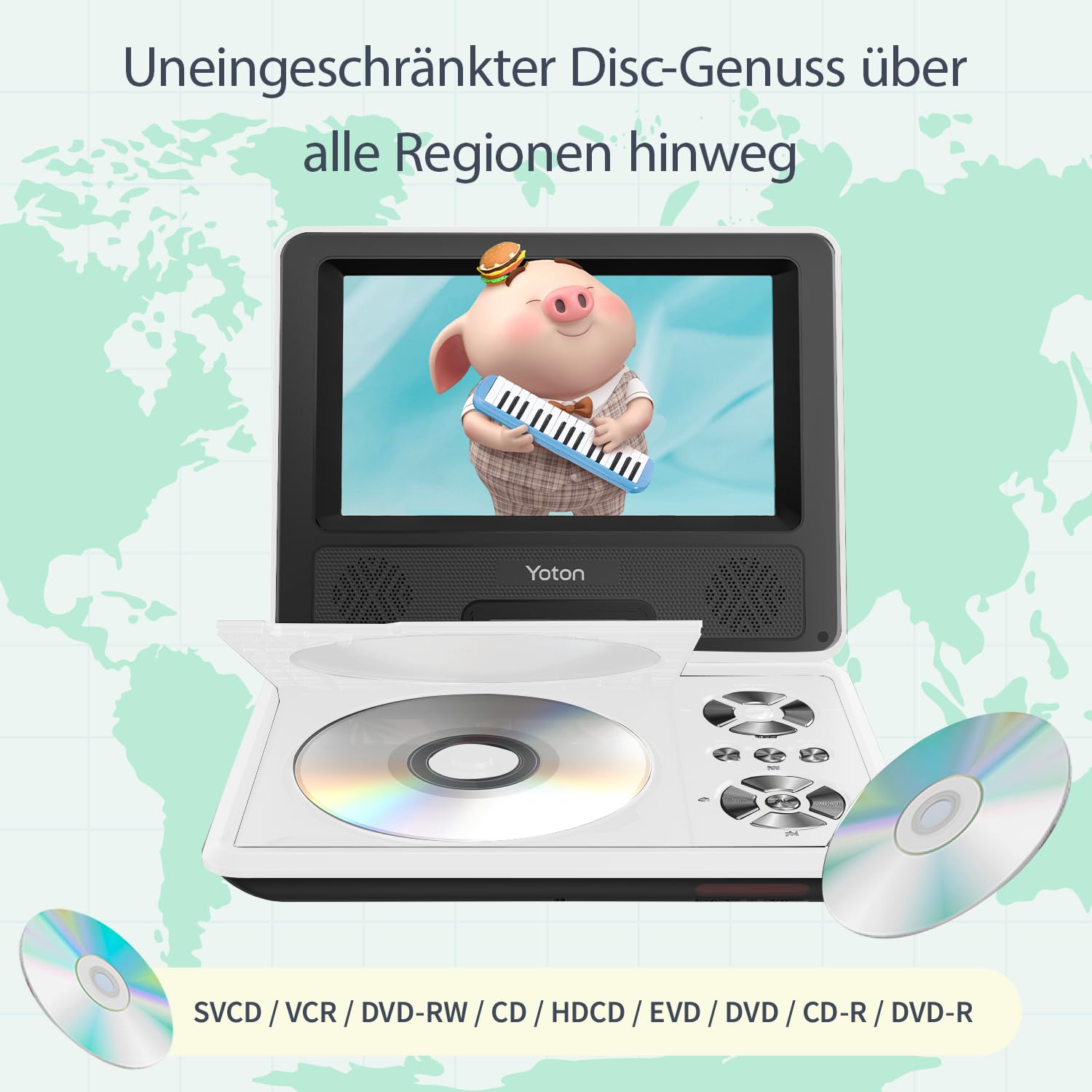 Yoton 9,5" Tragbarer DVD-Player für Kinder im Auto mit 7,5" HD-Schwenk Bildschirm, Stereo-Lautsprechern, 6 Stunden Akkulaufzeit, Sync-TV/USB/SD-Karten-Unterstützung, Weiß [Kein Blu-ray Support]