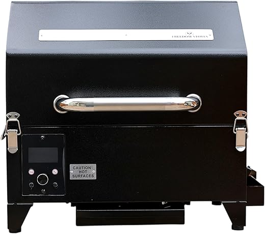 Freedom Stoves Portable Pellet Grill Smoker with Peaked Lid Smoke, Grill, Sear Includes 2 Meat Probes 8.5LB Hopper Capacity & Timer -12vDC / 120AC - BBQ for Camping Tailgating Condos Boating Beach