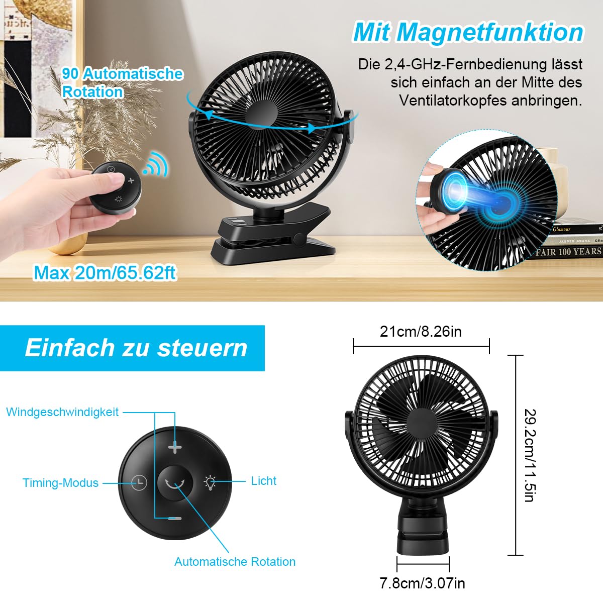 ELZO 12000mAh Camping und Tischventilator, 21 cm USB Ventilator mit LED-Licht, Haken, 360° leise mit Fernbedienung, Clip-Ventilator für Kinderwagen, Büro (Schwarz)