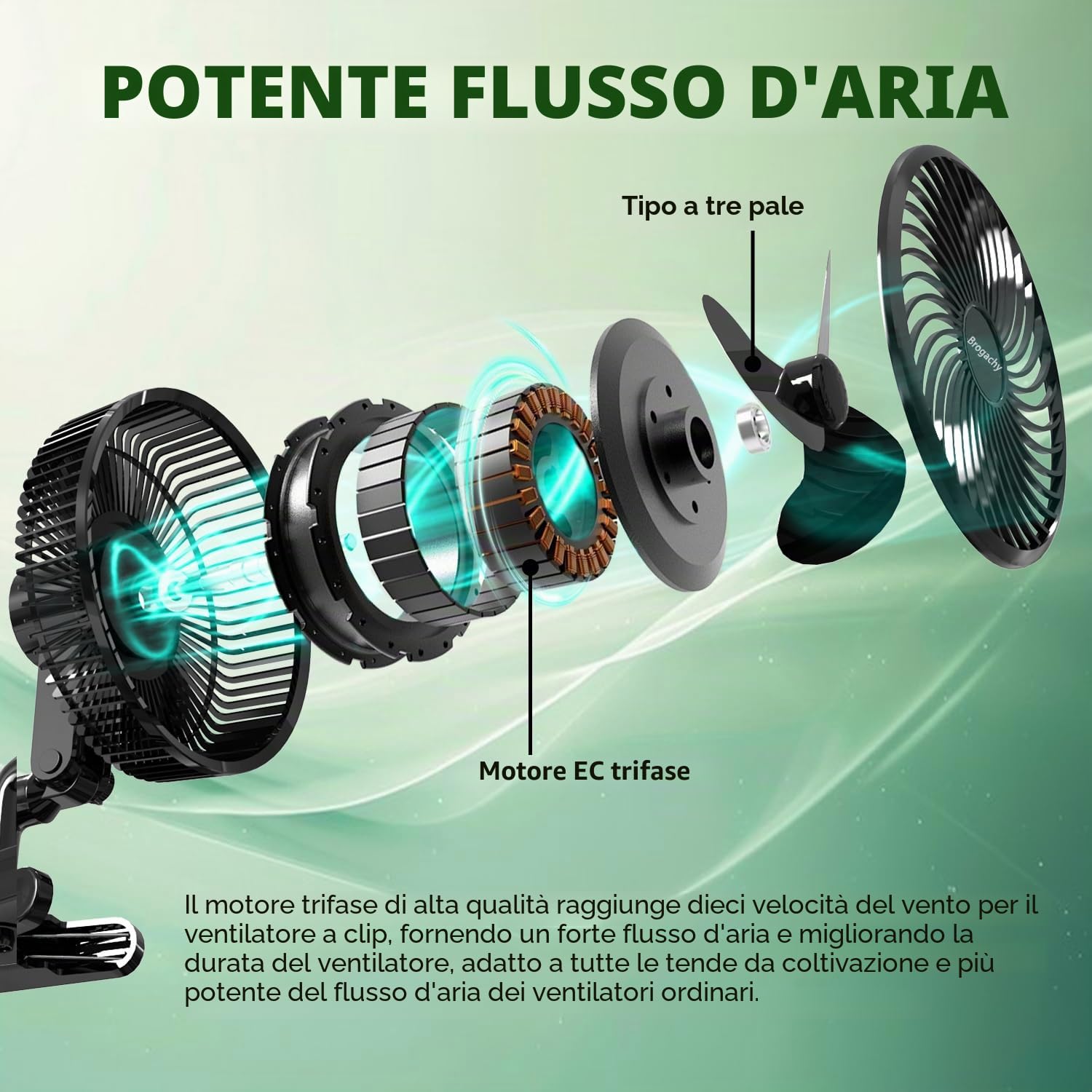 10W Grow Ventilatore con Clip, 10 velocità Ventilatore Automazione Oscillante, EC Motore, Silenzioso Clip Fan per Grow Tent.
