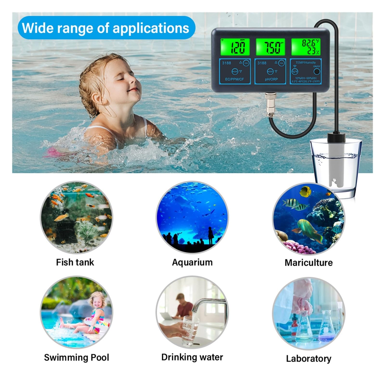 Misuratore di pH WiFi, temperatura, TDS, EC, ORP, tester dell'acqua, analizzatore digitale intelligente con app Tuya,Resistenza alla corrosione