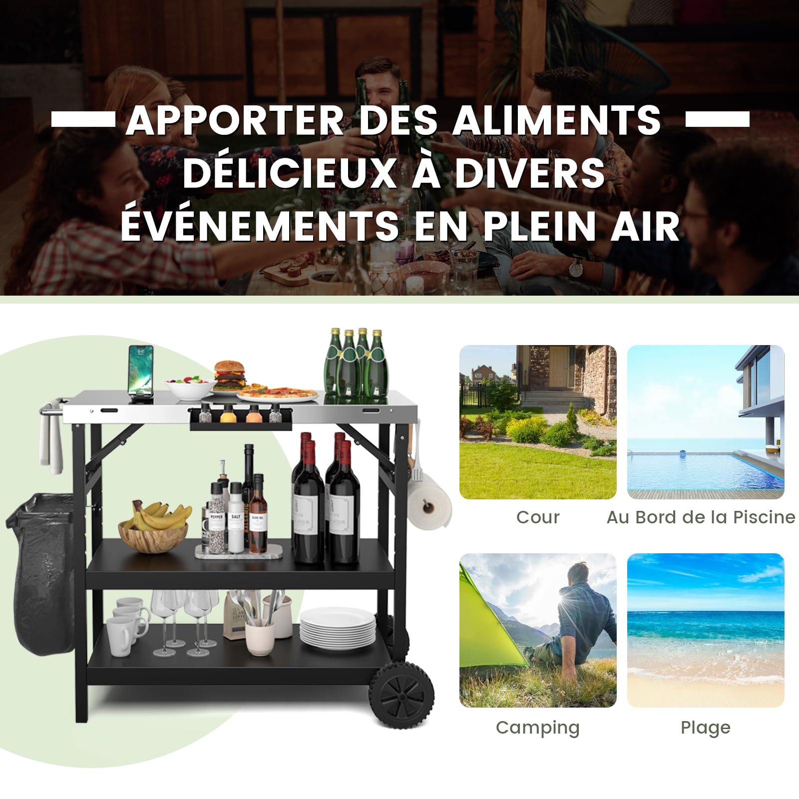 GYMAX Chariot Barbecue Pliable 3 Niveaux, Desserte Jardin Mobile avec 2 Roues, Robuste en 201 Acier Inoxydable, avec Tablette à Épices, Porte-Poubelle, Porte-Mouchoirs,106x52x84cm