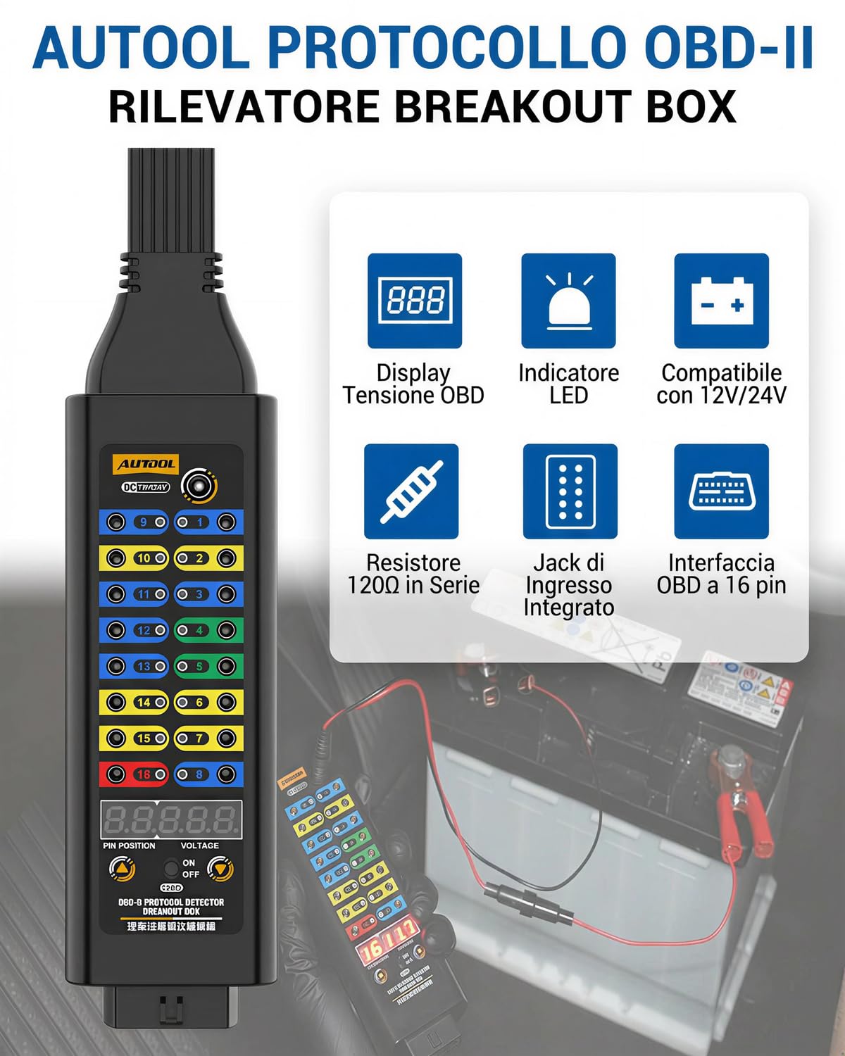 AUTOOL Scatola derivazione OBD2, Rilevatore Protocollo OBD II Auto con Display Tensione, Connettore 16 pin, LED e Ponticelli, Compatibile con Scanner, Multimetro per Diagnosi Elettrica Veicoli