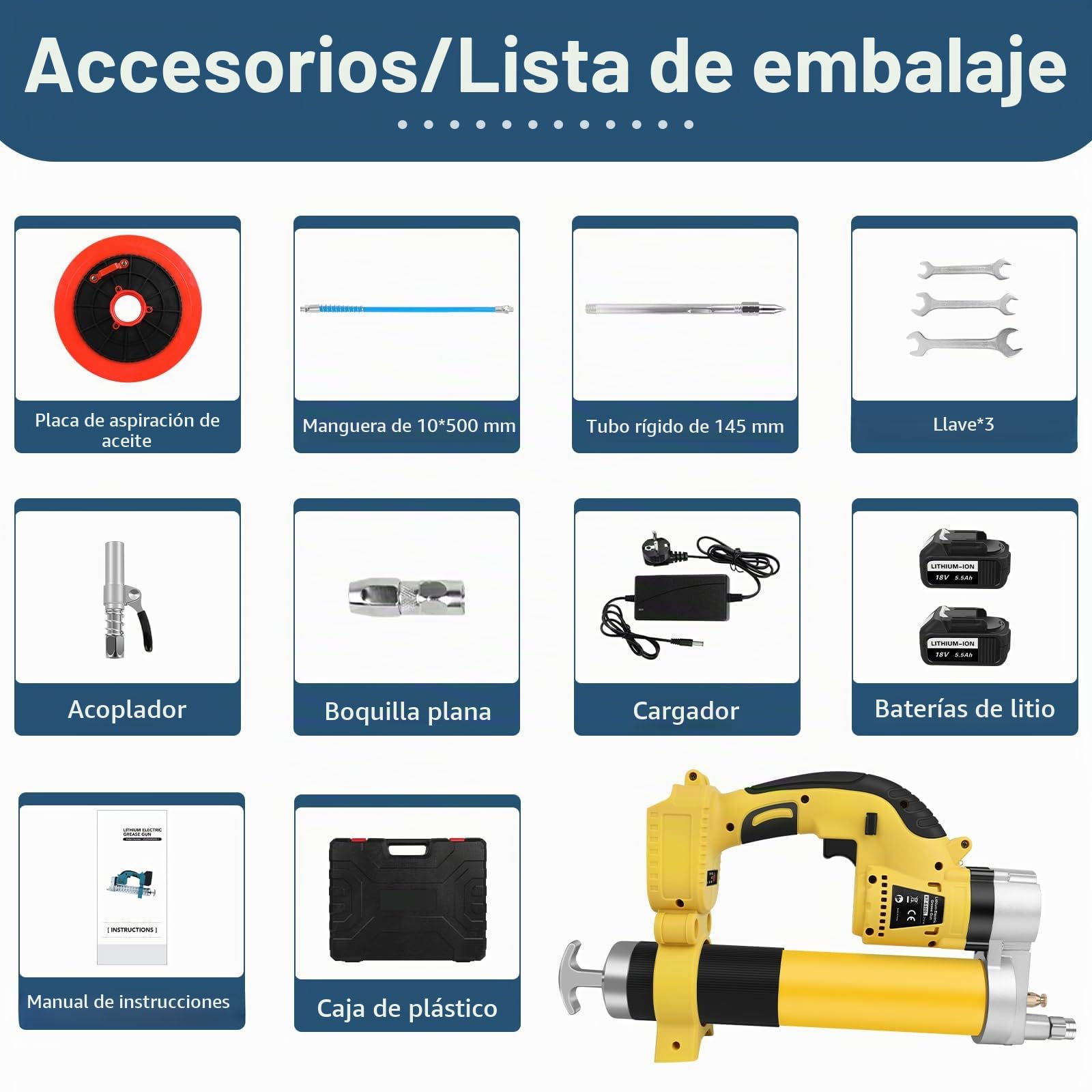 ASUNCELL Engrasadora a Batería 18V, Engrasadora Eléctrica con 2 * 5.5AH Baterías y Cargador, 8000 PSI de Presión, Kit Completo de Pistola de Engrase, para Engrasar Equipo Pesado