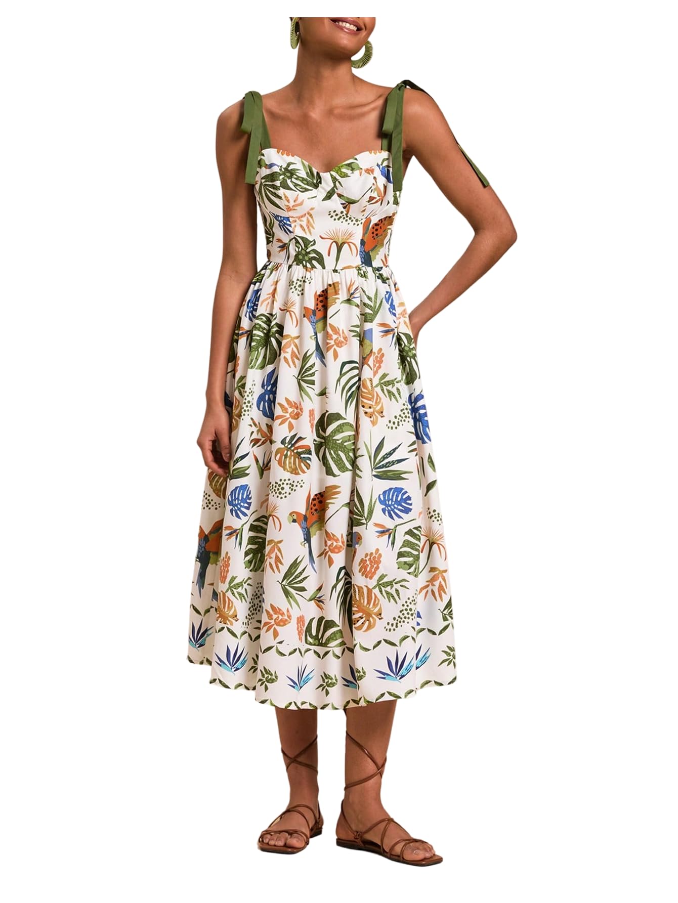 Women's Summer Tie Shoulder Midi Dress Tropical Smocked Ruffle Vacation Dresses