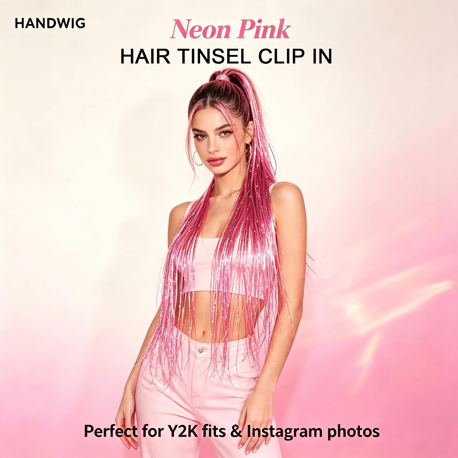 80 Strands Neon Pink Hair Tinsel, 2-in-1 Kit Bright Fun