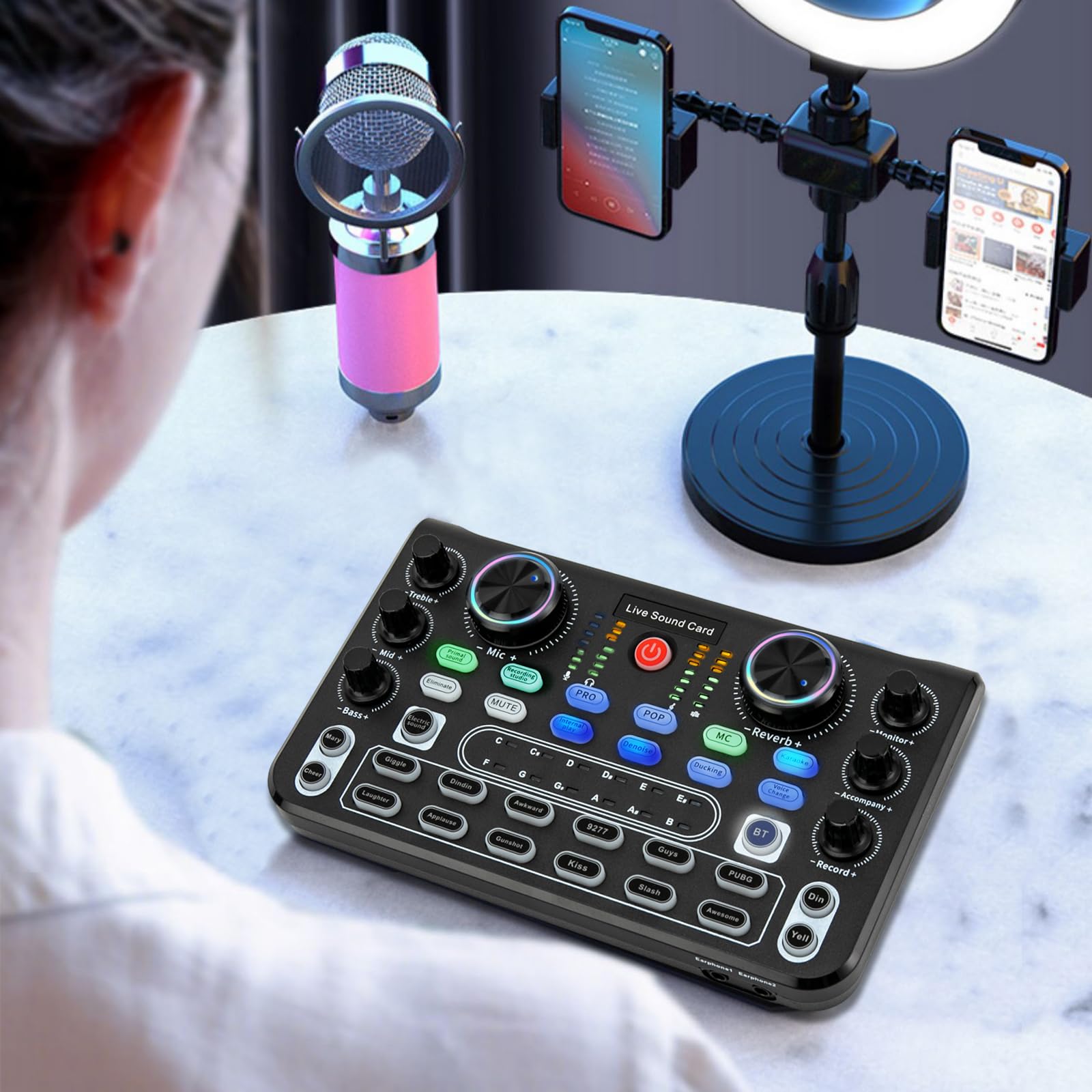 Scheda Audio Live Multieffetto Con Soundboard, 12 Effetti Speciali E 8 Modalità, Interfaccia USB-C E Bluetooth, Per Streaming, Gaming E Registrazione Su PC E Mobile