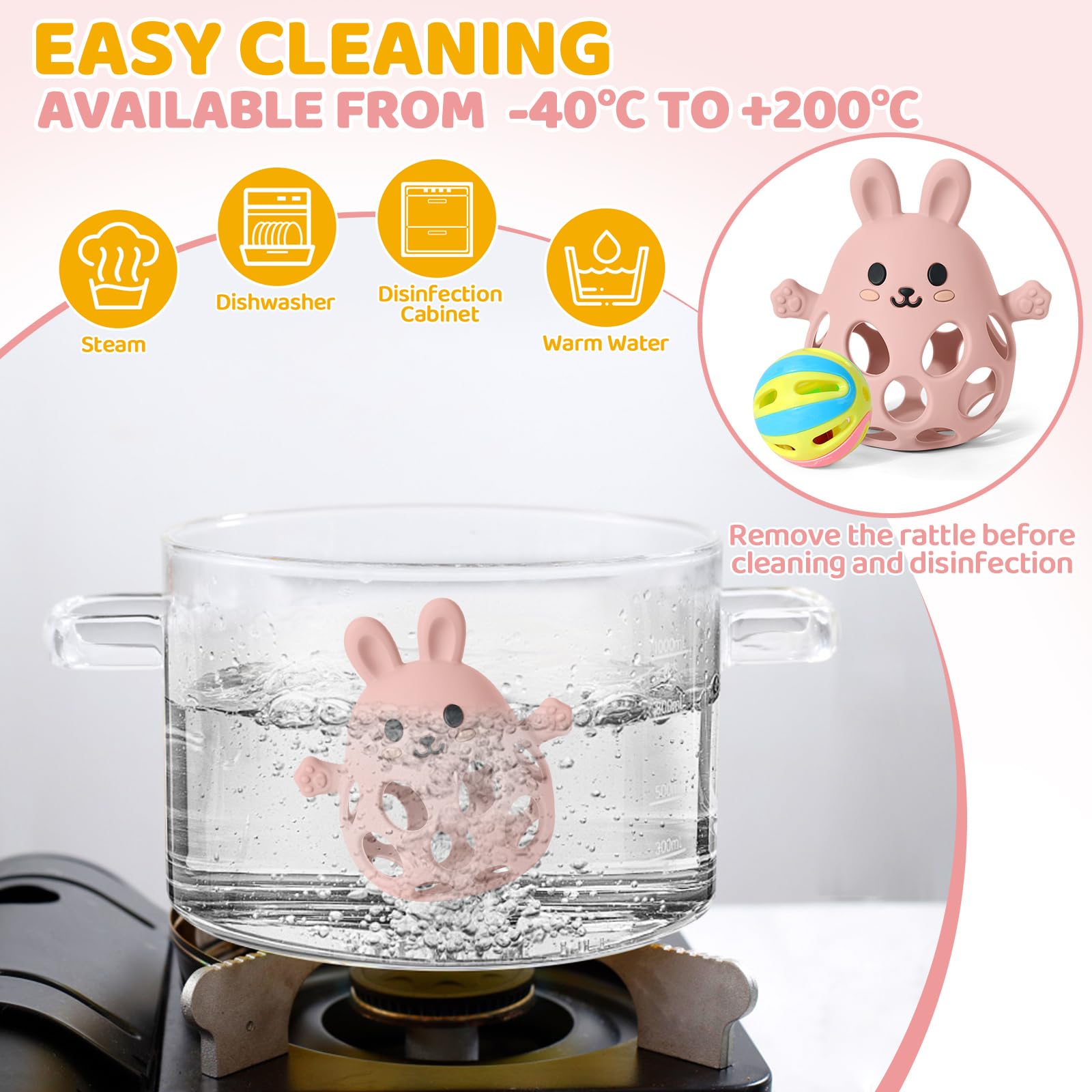 Orzbow Multiuso Massaggia Gengive Neonati Freezer, Silicone Sonaglio Neonato 0-3-6-9 mesi, Giochi Montessori con Design Openwork, Leggeri, Traspiranti, Facile Impugnare & Pulire, Rosa Carne