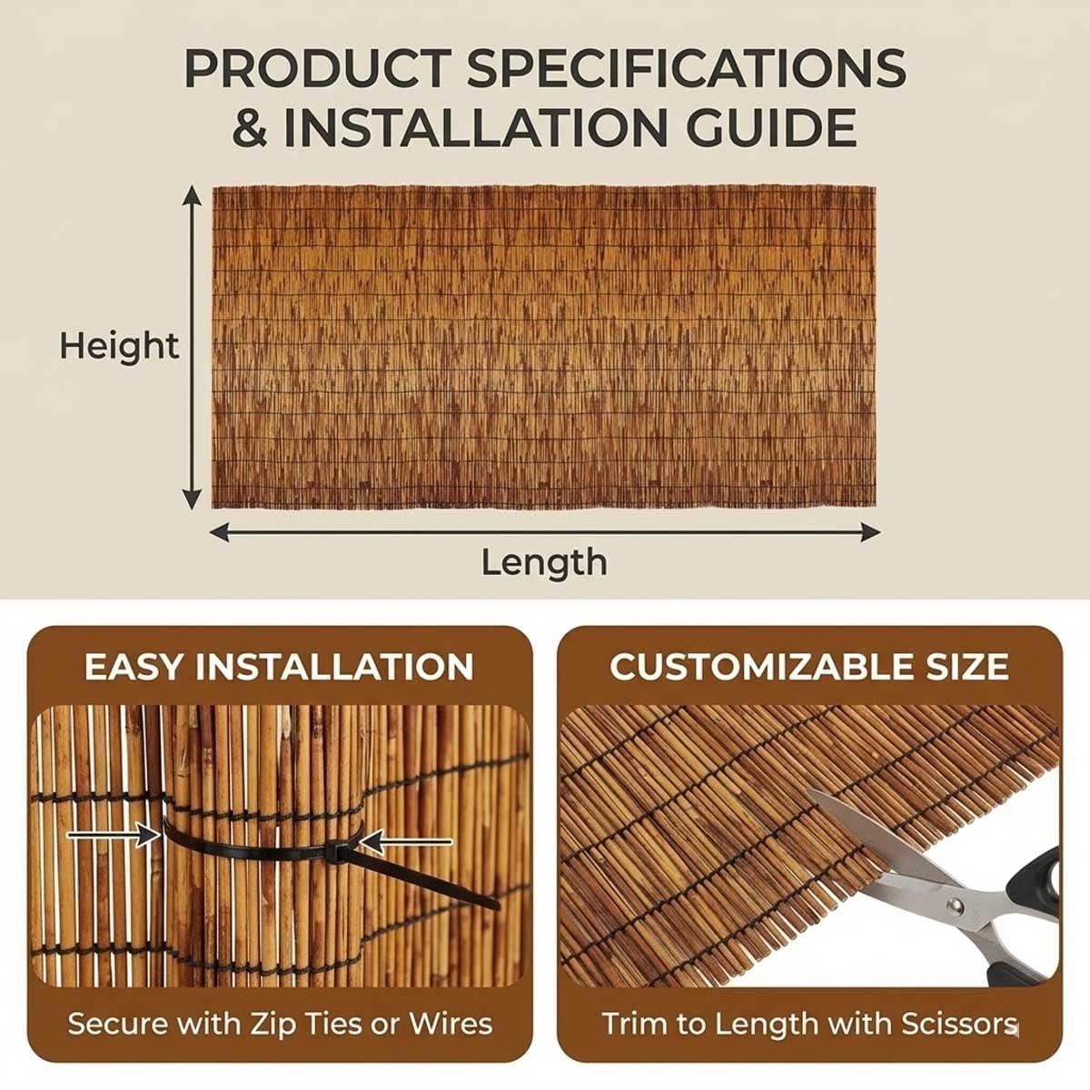 Canisse En Roseau Naturel 40/50/60/80100/130/160cm, Rouleau Brise-Vue Extérieur Bambou Pour Jardin Et Cour, Clôture Décorative, Pare-Vent Et Écran De Confidentialité(H70xL450cm)