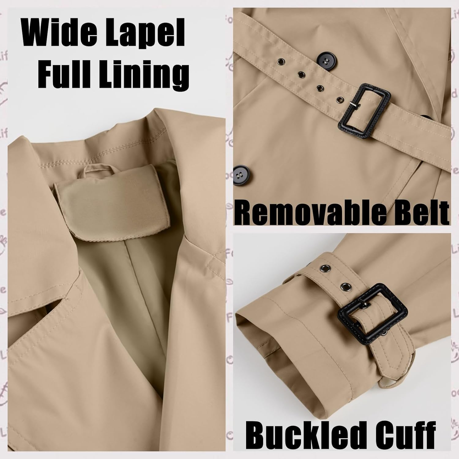 RISISSIDA Women Double-Breasted Trench Coat,Water Resistant,Casual and Business Overcoat,Knee-Length,Loose Fit,Removable Belt - Image 5