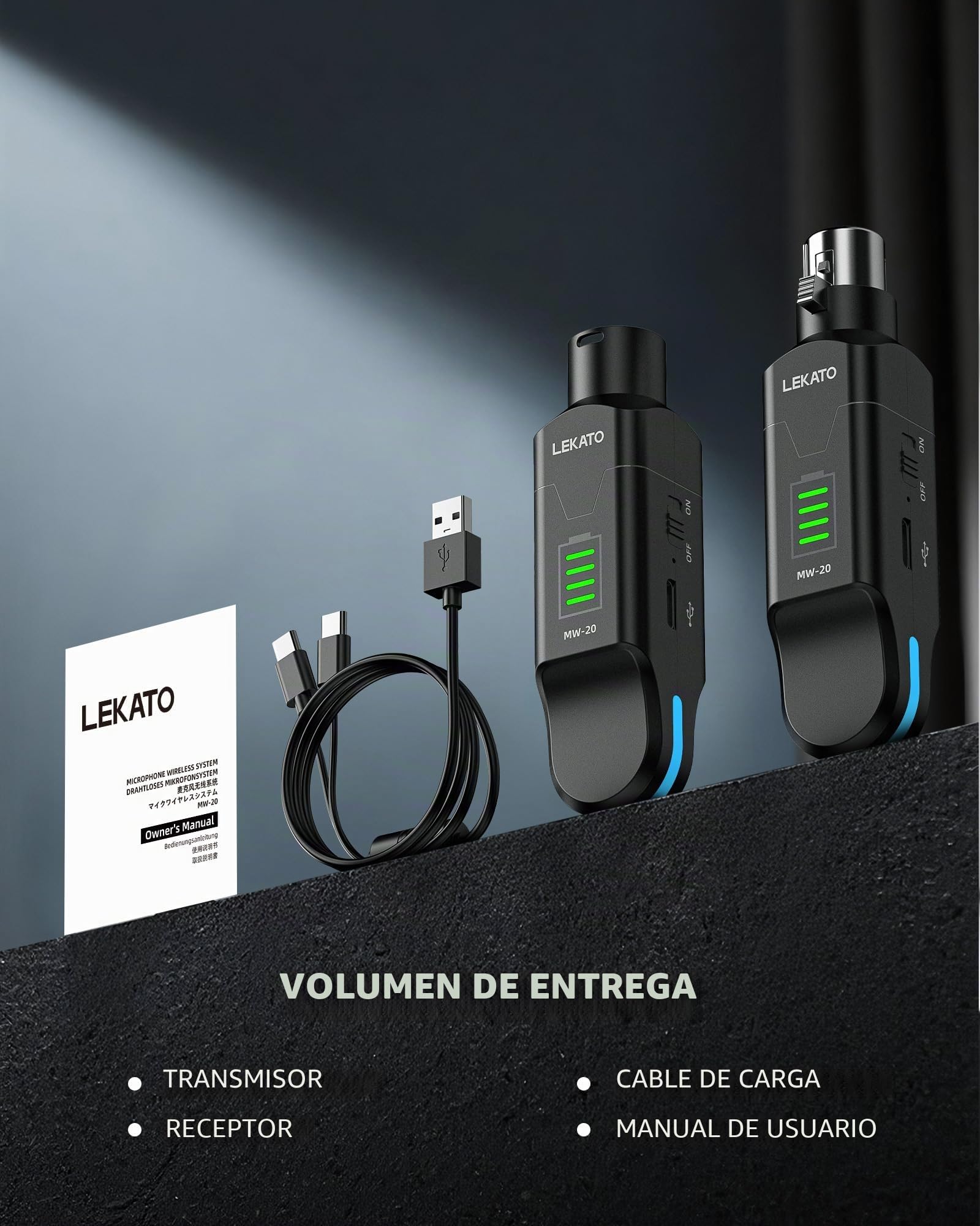 LEKATO Transmisor y receptor de micrófono XLR inalámbrico de 2.4 GHz, fuente de alimentación fantasma de 48 V, condensador/micrófonos dinámicos compatibles, Plug & Play, duración de 8 horas para
