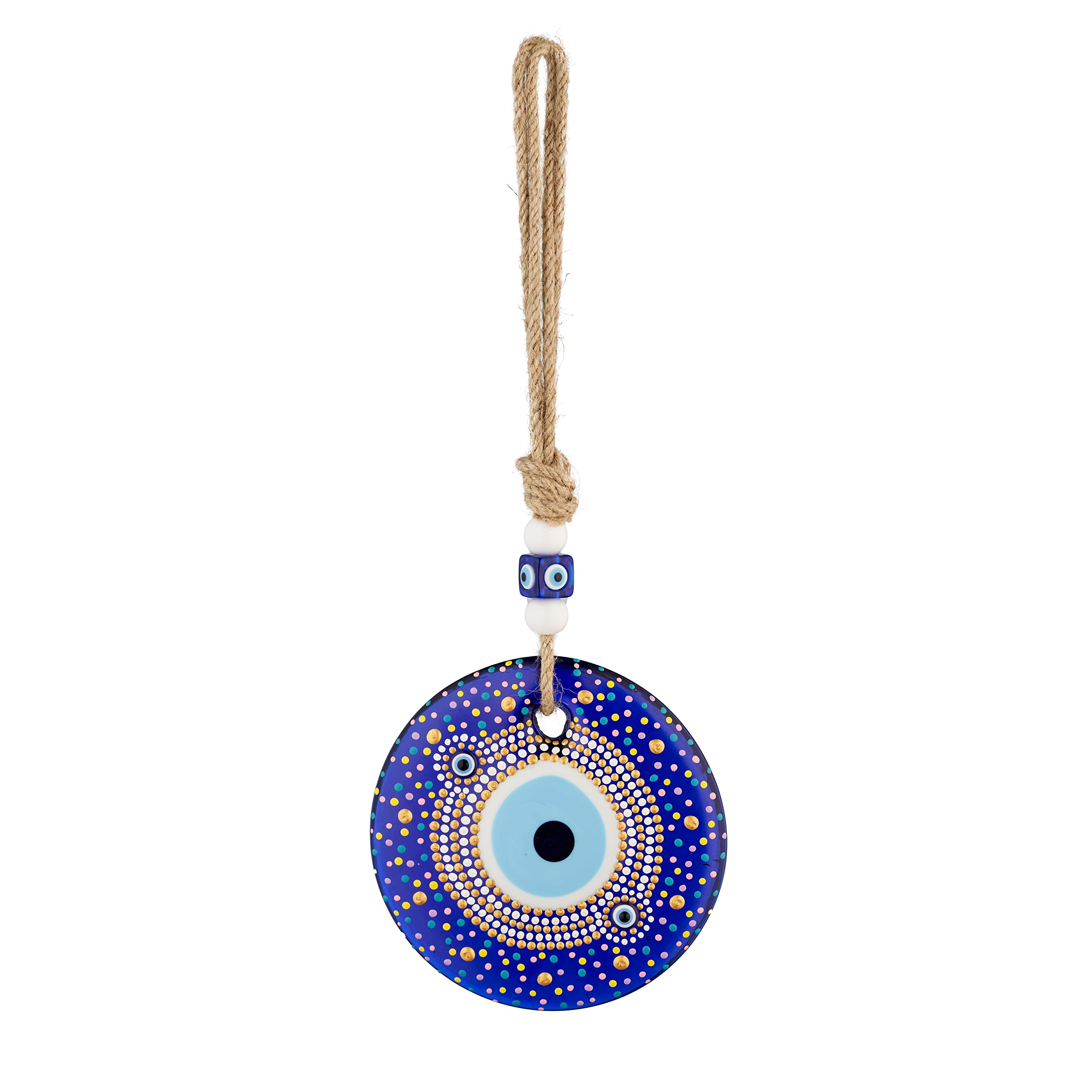 Golden Horn Turkish Evil Eye 5.51''(14cm) Diameter Wall Ornament with Handcraft Dot Art Mandala Style - Hanging Beads Wall Evil Eye Decor Amulet - Home Protection Decoración de pared de ojo turco