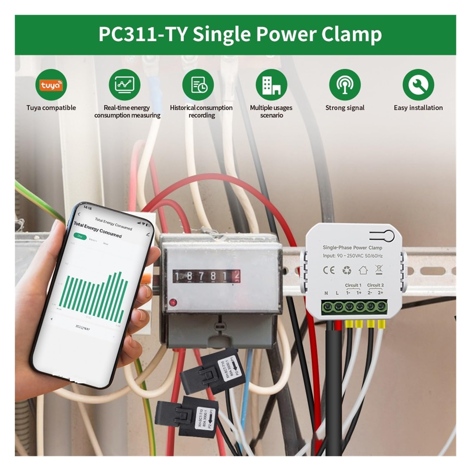 Disyuntor de energía, Medidor de energía Tuya monofásico 80A con abrazadera CT 90- 250VAC 50/60Hz estadísticas de electricidad Kwh Monitor de consumo de energía Monitor de consumo de electricidad(PC31
