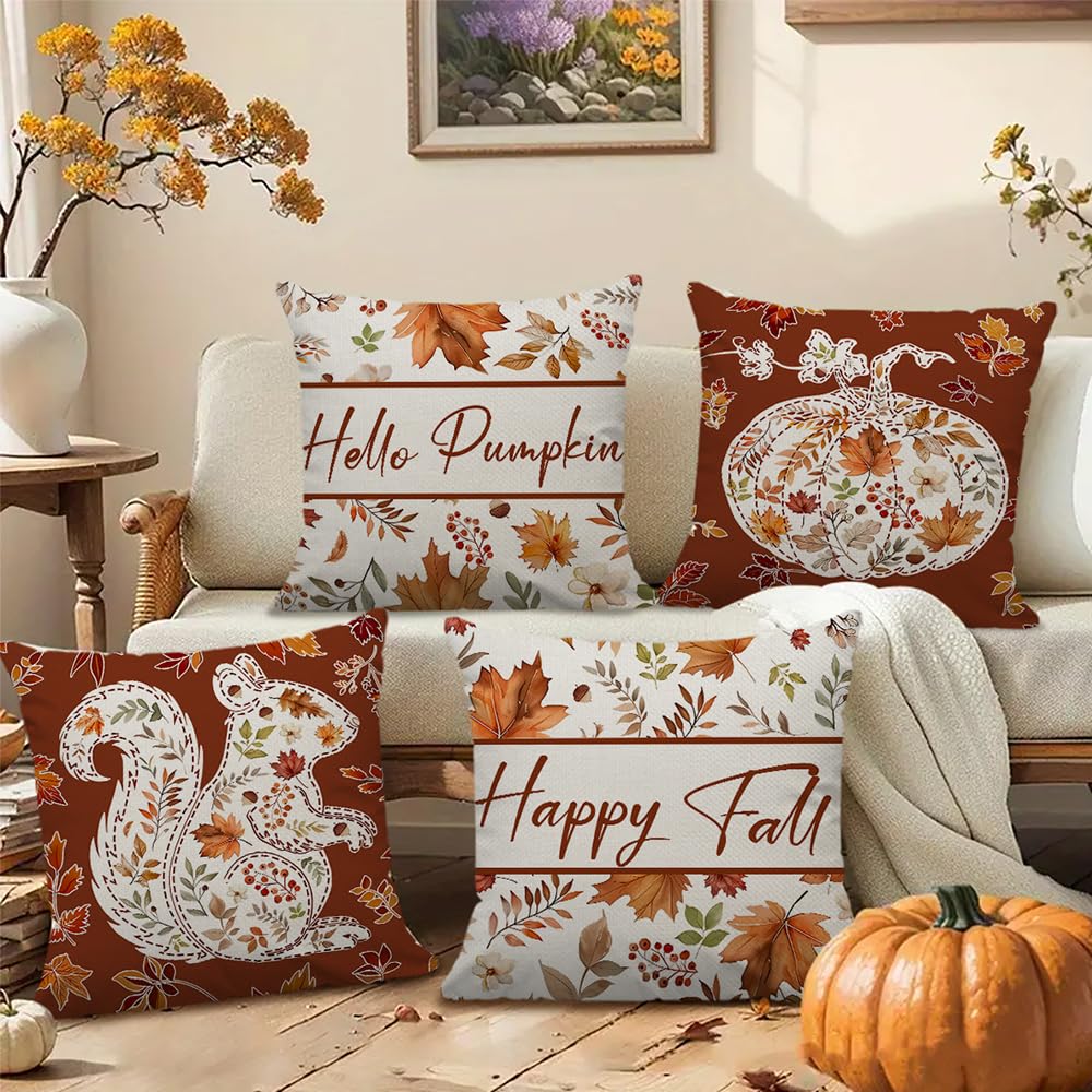 Lot De 4 Taies D'Oreiller Automne 18x18 - Microfibre Orange - Déco Citrouille Moderne