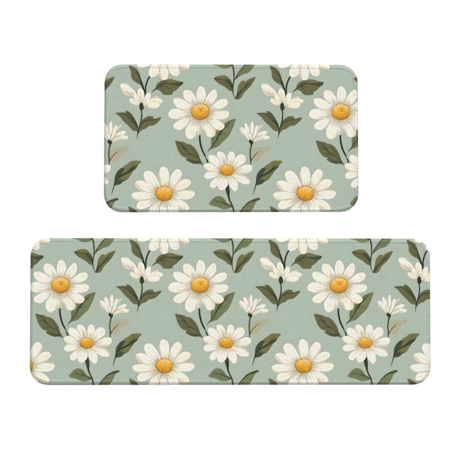 GVYGVY Antifatigue Kitchen Mats for Floor 2 Piece - Vintage Daisy White Print Kitchen Rugs Washable, Non Slip Runner Rug Standing Mat for Office/Bathroom/Laundry/Home Decor and Accessories