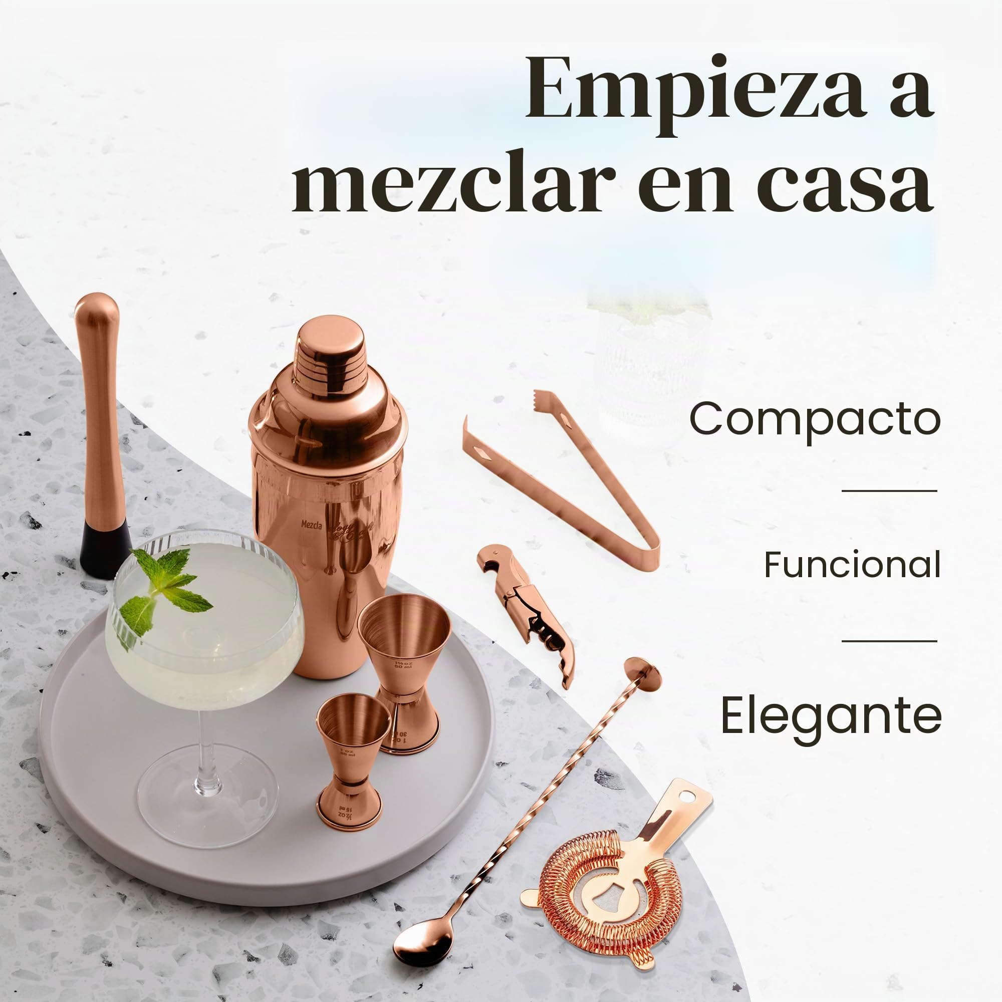 Mixology & Craft Juego de coctelera – Juego de 11 Piezas para Hacer cócteles con coctelera y Soporte de Madera rústica, Kit de Camarero y Mezclador de cóctel, Juego de Regalo de Cobre