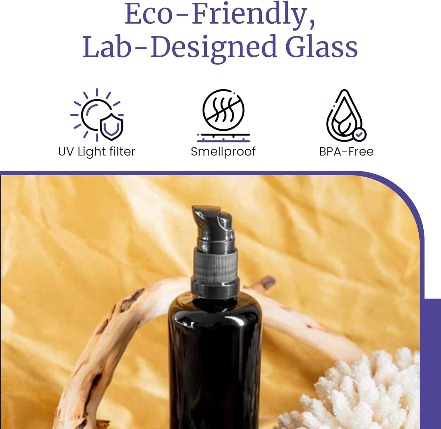 Infinity Jars 100 ml (3.4 fl oz) Refillable Ultraviolet Black Glass Pump Bottles Leak-Proof Travel Containers for Toner, Sanitizer, Beard Oil, Hair Serum, Essential Oils 3-Pack