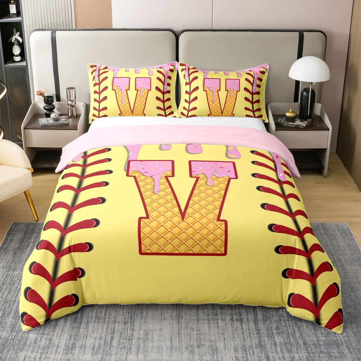 Homwish Lody Baseball poszewka na kołdrę podwójna żółta różowa litera V bawełna zestaw pościeli kreskówka piłka gry sport poszwa na kołdrę słodkie cukierki deser pościel wystrój pokoju zestawy łóżek