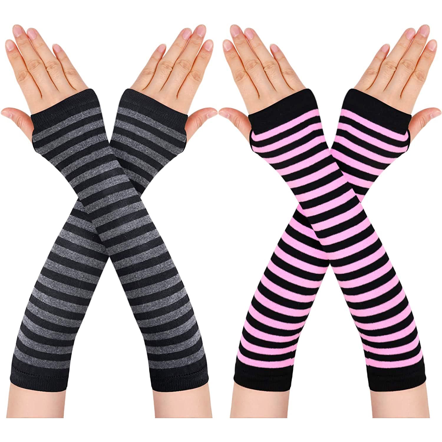 elbme ELBME® Fingerless Long Arm Warmers Women, Thumbhole Warm Winter Striped Arm Warmers Goth Wrist Warmers 2 Pairs, 2 Pairs Pink Black_1-picture-9