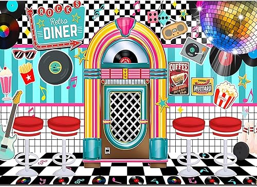 Miniatura 7 de Fondo de fiesta retro de los años 50 de 7 x 5 pies, decoración de Rock and Roll Sock Hop de los años 50, fondo de fotografía, accesorios para cabina