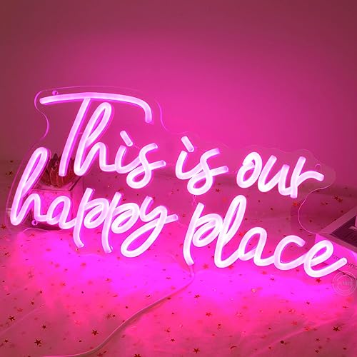 Miniatura 7 de Planzo Letrero de pared de neón con texto en inglés This is Our Happy Place para boda, fiesta, hogar, bar, decoración de dormitorio infantil, regalo