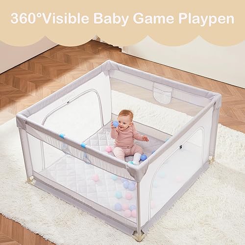 Miniatura 7 de Corralito para bebés con alfombra, patio de juegos portátil de 45 x 45 pulgadas para niños pequeños y niños, valla de malla suave con puertas con