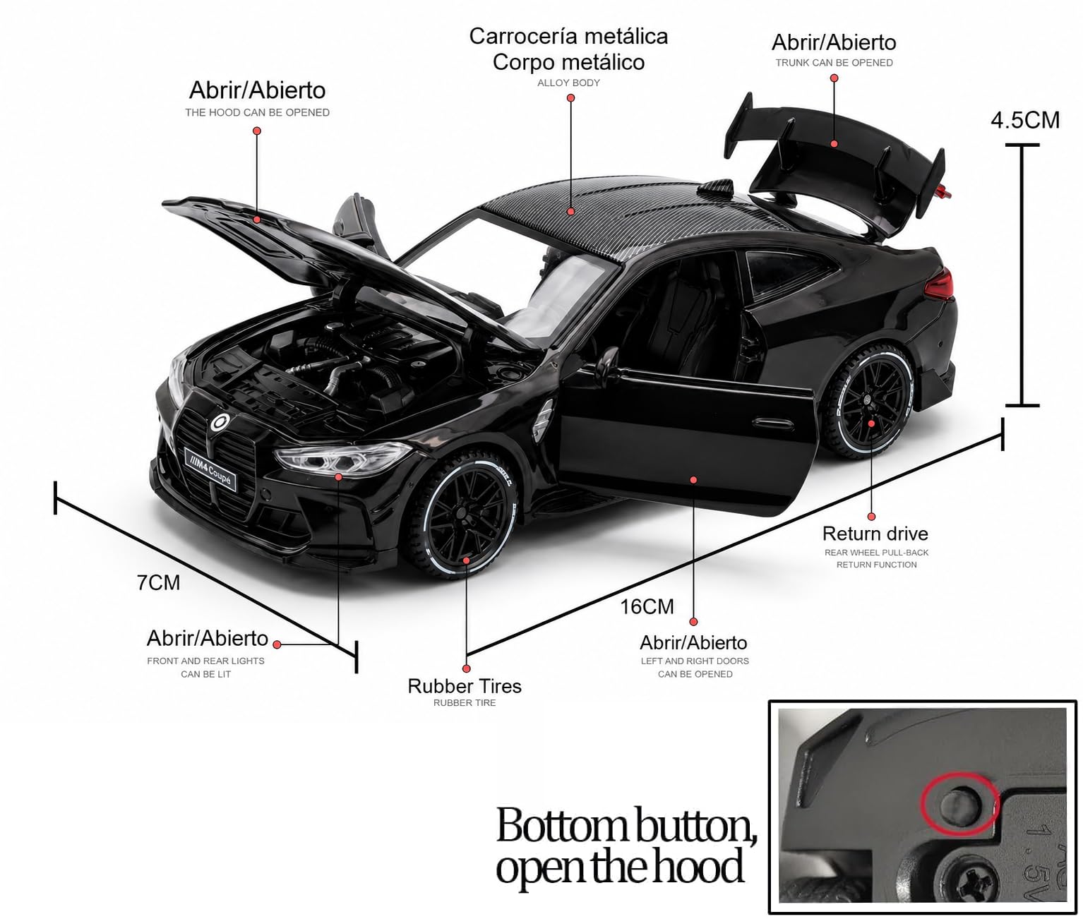 Invite 1:32 Diecast Model Alloy B-M-W M4 Metal Pull Back Car with Sound Light, Openable Doors, Toy Vehicles for Kids Gift, car for Kids [Black-Color] — Amazon image 2