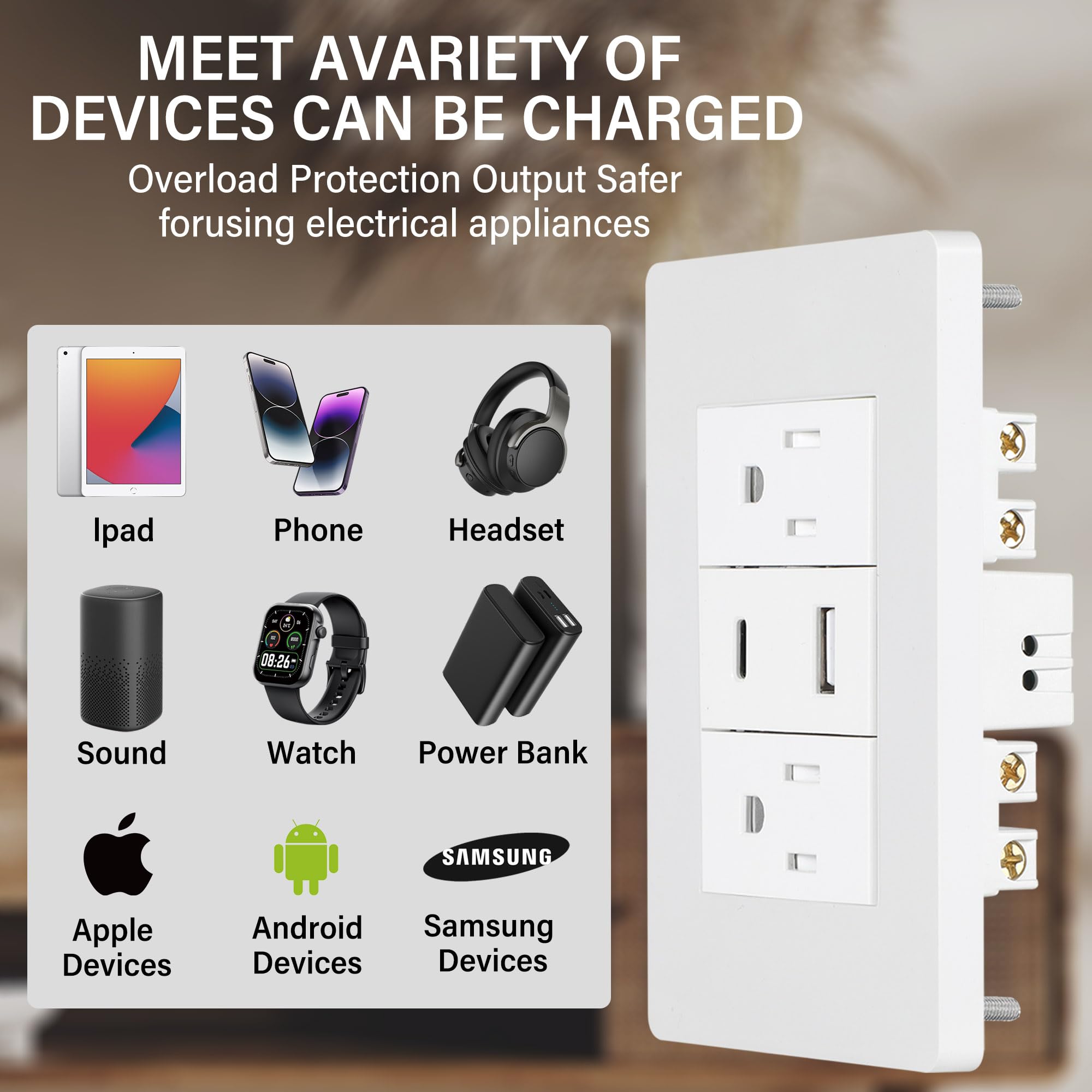 AWINLI Prise de courant USB, prise murale double port USB, prise inviolable duplex de 10 A, prise de charge avec port USB C, vis et plaque murale, 1 lot (blanc)