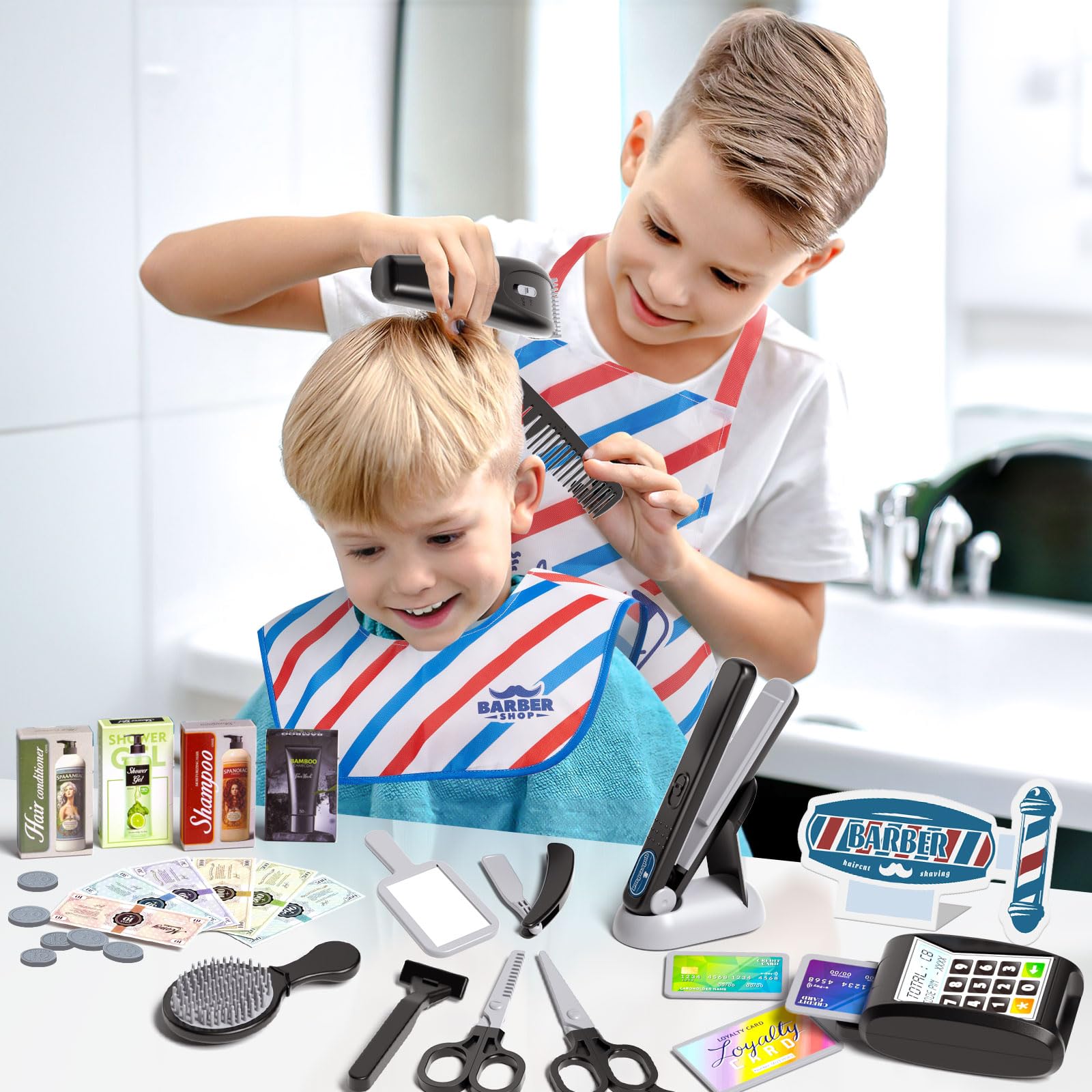Tacobear Friseur Set Kinder Friseurkoffer Kit mit Haartrockner Elektrischer Rasierer Haarglätter Salon Haarstyling Zubehör Frisör Spielzeug Kinder Rollenspiel Geschenk für Jungen ab 3 4 5 6 7 8 Jahren