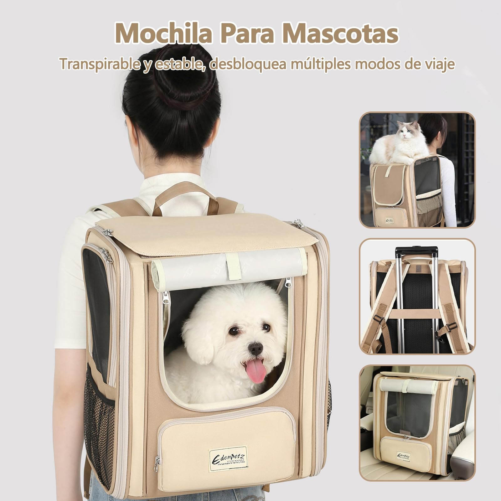 Galatée Mochila para Mascotas, Bolso Portátil para Gatos y Perros, Malla Hueca Transpirable, Hecha De Tela Oxford, Plegable para Un Fácil Almacenamiento (Caqui)