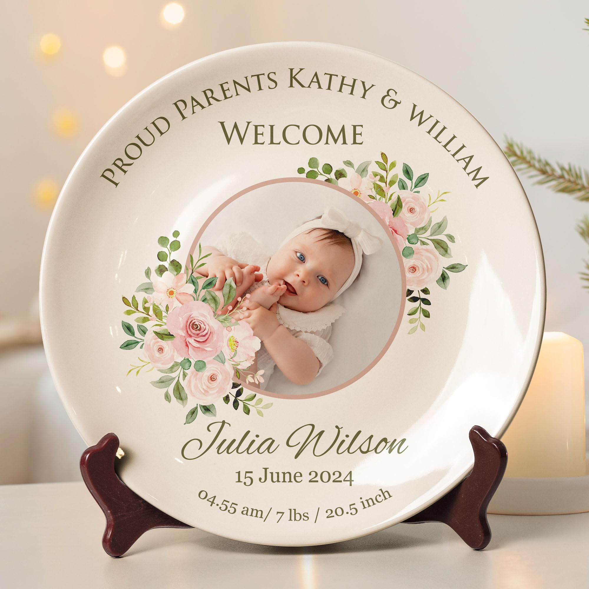 Macorner Personalized Baby's Photo Ceramic Plate, Proud Parents Newborn Baby Birth Plate, Baby Newborn Keepsake Ceramic Plate Gifts