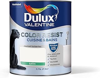 Dulux Valentine Color Resist - Peinture Intérieure Pièces Humides - Pour Murs, Plafonds, Boiseries - Lessivable et Résistante - Couleur : Blanc Satin - 0,75 L - 5262216
