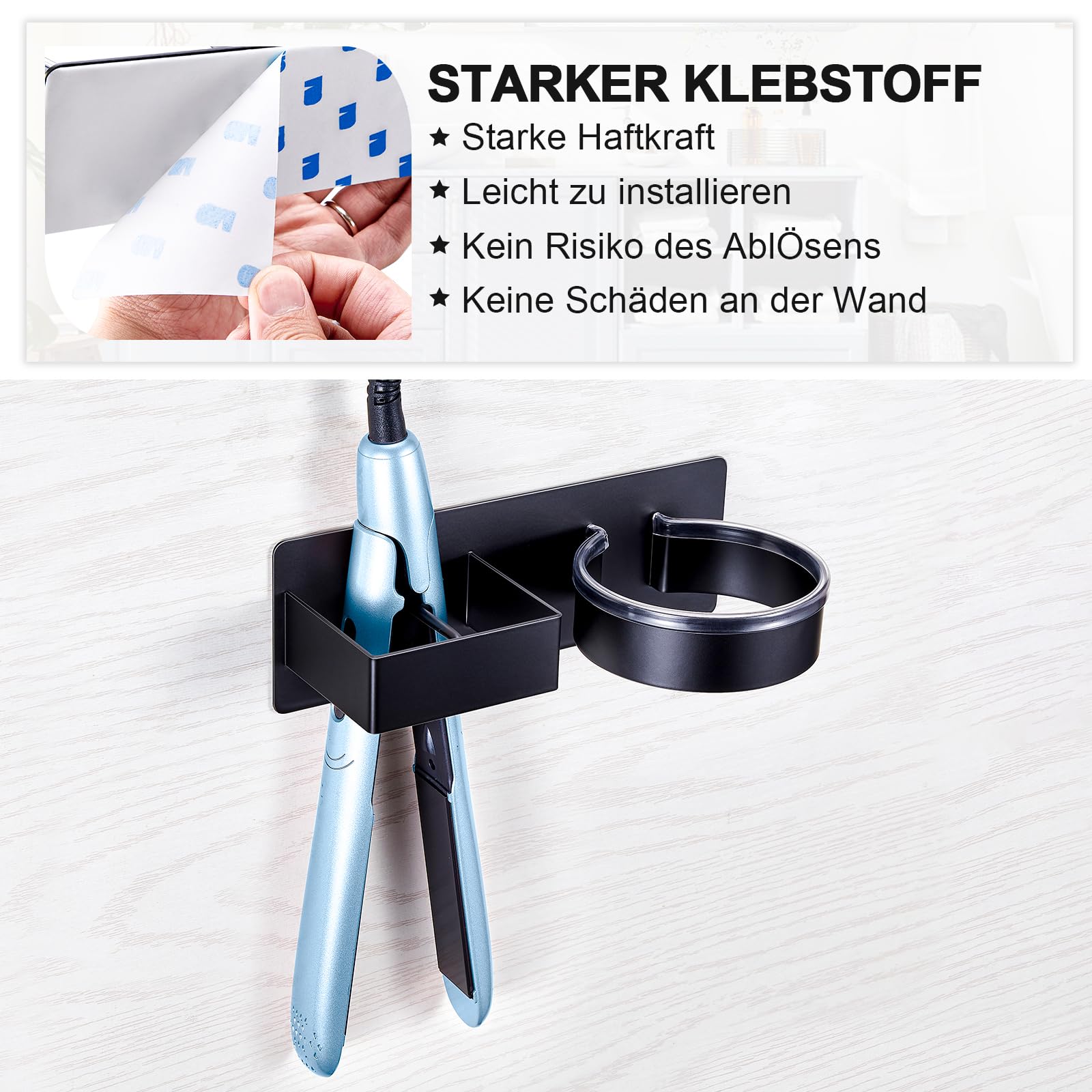 Soporte Secador de Pelo Autoadhesivo de Pared Sin Taladrar, Soporte para Secador y Plancha, Negro