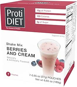 ProtiDiet - High Protein Meal Replacement Smoothie, Low Calorie, Low Fat, 15g Protein, Ideal Protein Compatible, 7 Servings Per Box (Berries and Cream)