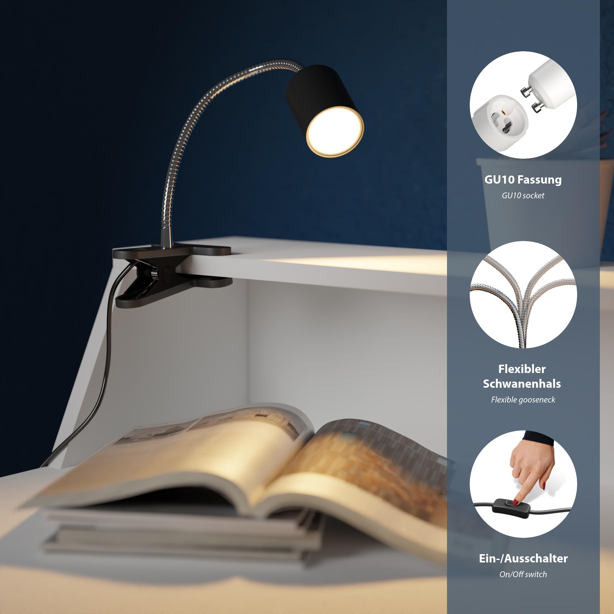 ledscom.de 2x Klemmleuchte WAIKA mit Schwanenhals und Schalter schwarz matt, inkl. Smart Home RGBW GU10 LED Lampe, 5,41W, 473lm