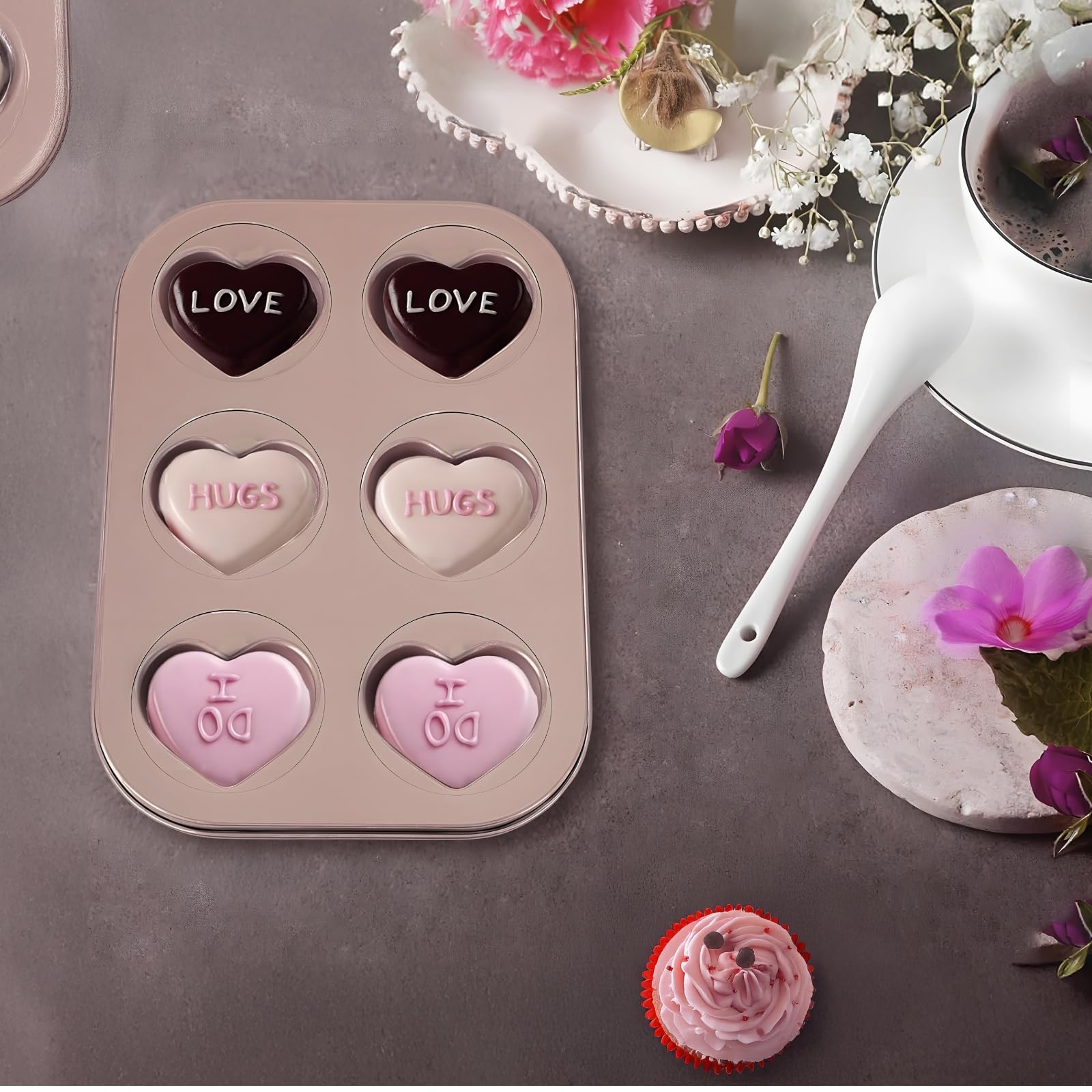 Lot de 3 moules à gâteau en forme de cœur anti-adhésif en acier au carbone pour muffins, gâteaux, desserts, or rose
