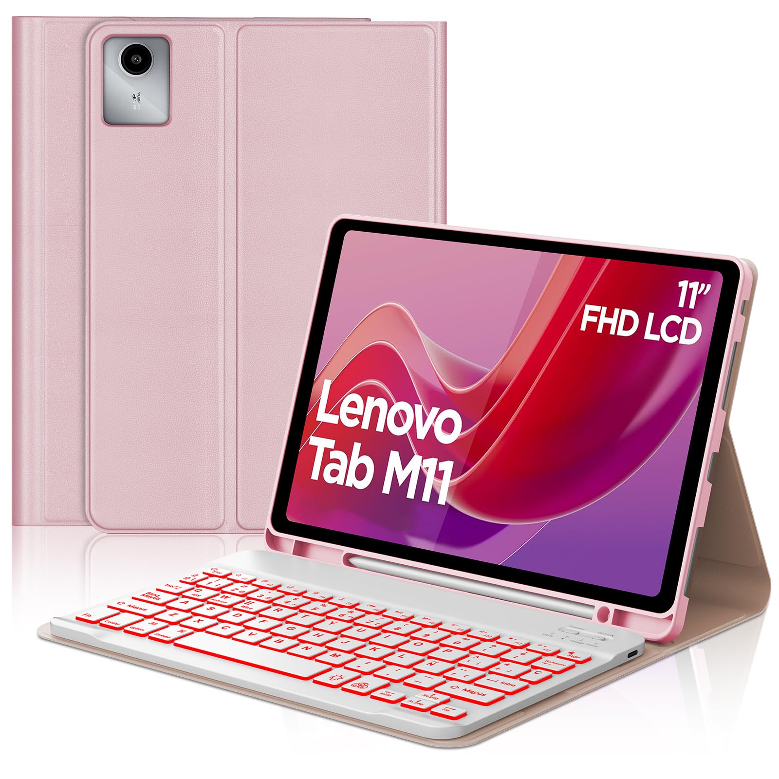 Funda con Teclado para Lenovo Tab M11 11" 2024, Teclado Bluetooth Retroiluminado de 7 colores, Con Ranura para Lápiz, Diseño QWERTY en Español, Compatible con Lenovo Tab M11 TB330FU/ TB330XU, Rosa