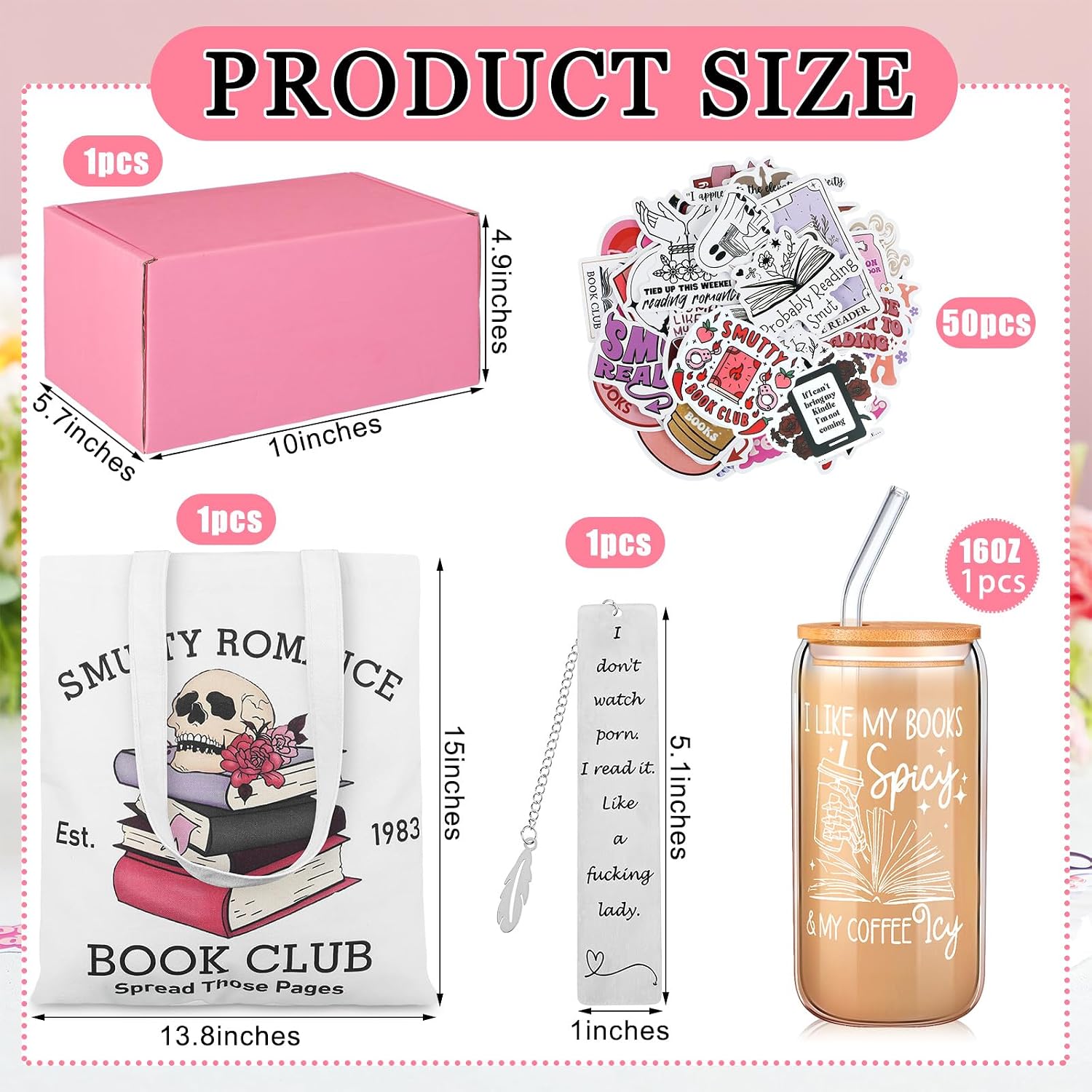 CHENGU 54 Pcs Smutty Book Lovers Gifts Include Glass Cups Spicy Tote Bag Smutty Book Stickers Metal Bookmark for Women Dark Romance Merch Bookish Smut Reading Gift Basket for Christmas Reader