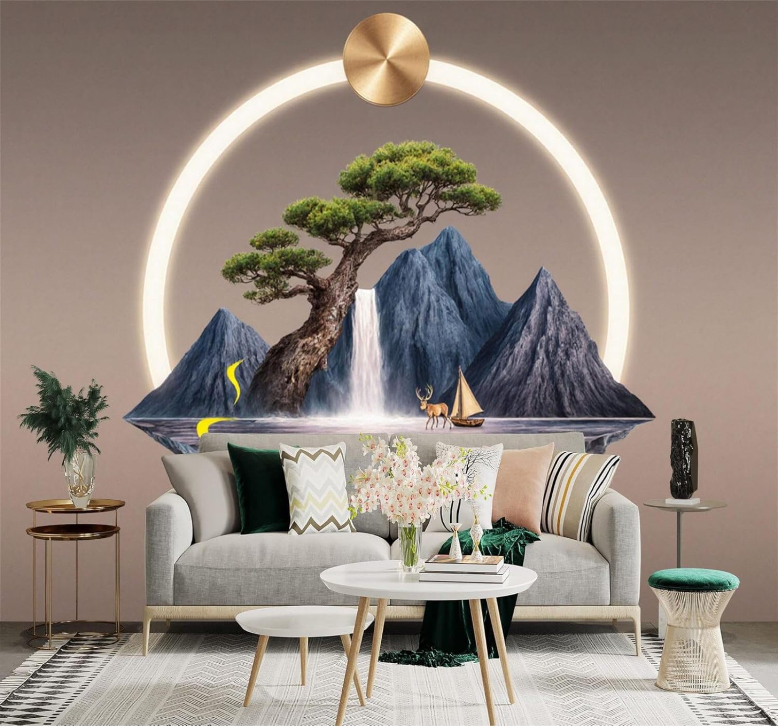Xlming 150Cm×105Cm(B×H) Floating Island Waterfall Deer Sailing Ship Mountain Range 3D Wallpaper Silky Texture Home Study Office Grey Dining Room Sofa Bedroom Living Room Tv Backdrop-150Cm×105Cm